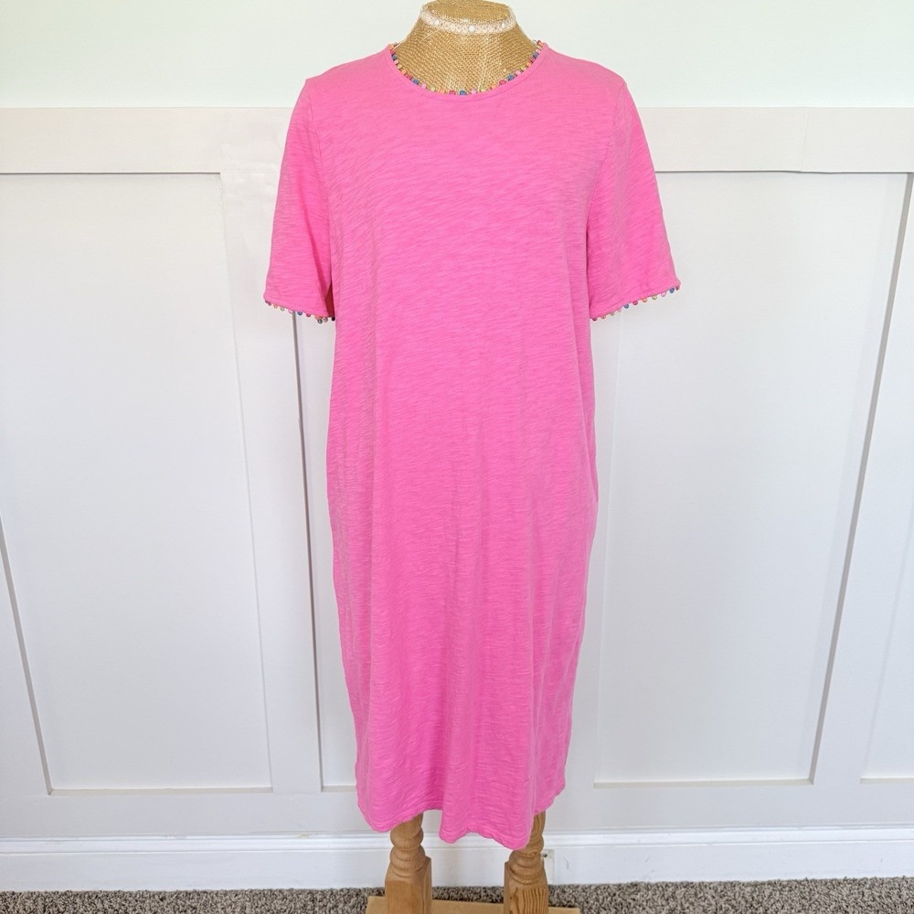 Boden Ali Pom Short Sleeve Dress Size 10L Pink Knee Length Pom Pom Preppy Beach